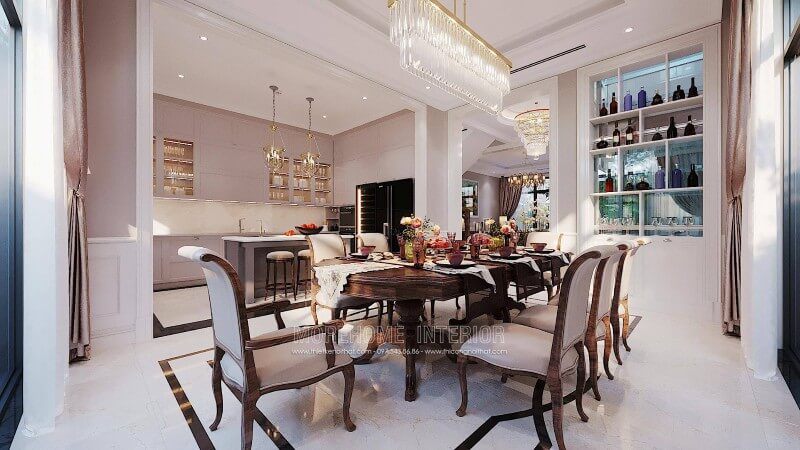 Bộ bàn ghế ăn đẹp với phong cách tân cổ điển cao cấp dành cho biệt thự.