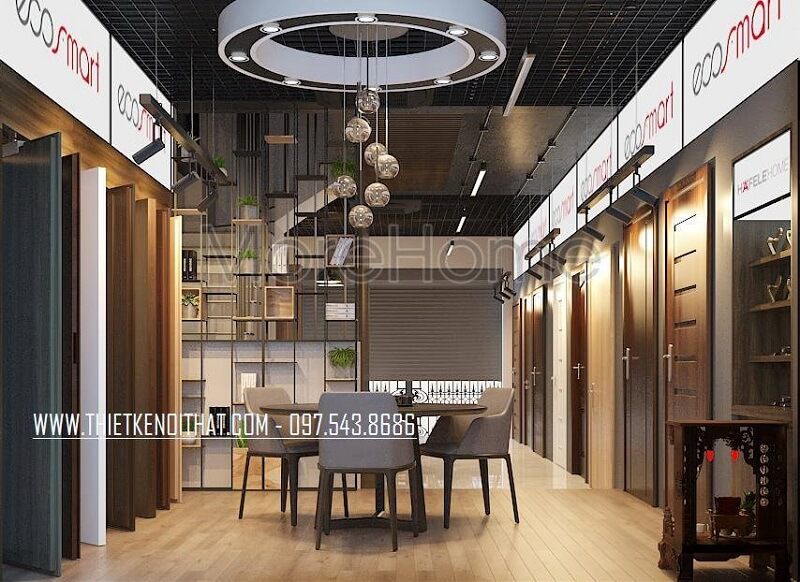 .
Bàn ghế gỗ công nghiệp có kiểu dáng hiện đại được thiết kế để phù hợp với không gian tiếp khách và tư vấn khách hàng của showroom.