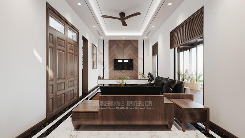 Cửa gỗ tự nhiên đẹp được sử dụng cho phòng khách của biệt thự Đông Anh tại Hà Nội.