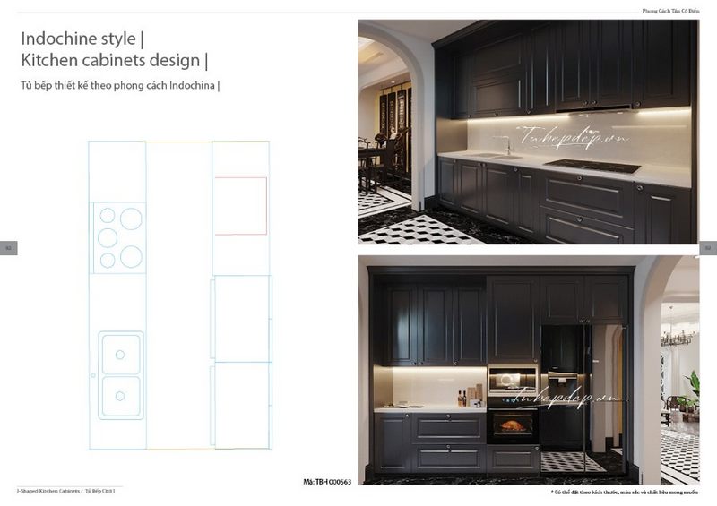 Hình ảnh mẫu thiết kế nội thất phòng bếp tân cổ điển gây ấn tượng với bộ tủ bếp gỗ tự nhiên nâu trầm truyền thống, sang trọng