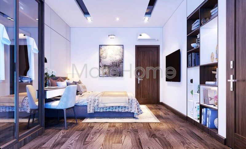 Kệ sách gỗ công nghiệp hiện đại với màu trắng và nhiều ngăn tiện lợi.